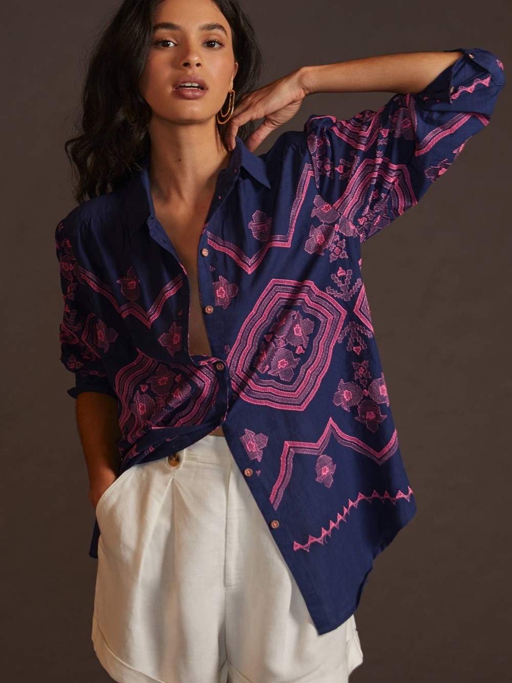 Anthropologie Navy Pink Geometric Embroidered Woven Boho Button-Down Blouse XS